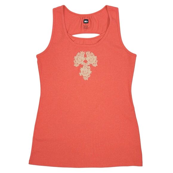 REI Coral Orange Ribbed Damask Graphic Cutout Back Athletic Tank Top Large - Picture 1 of 7